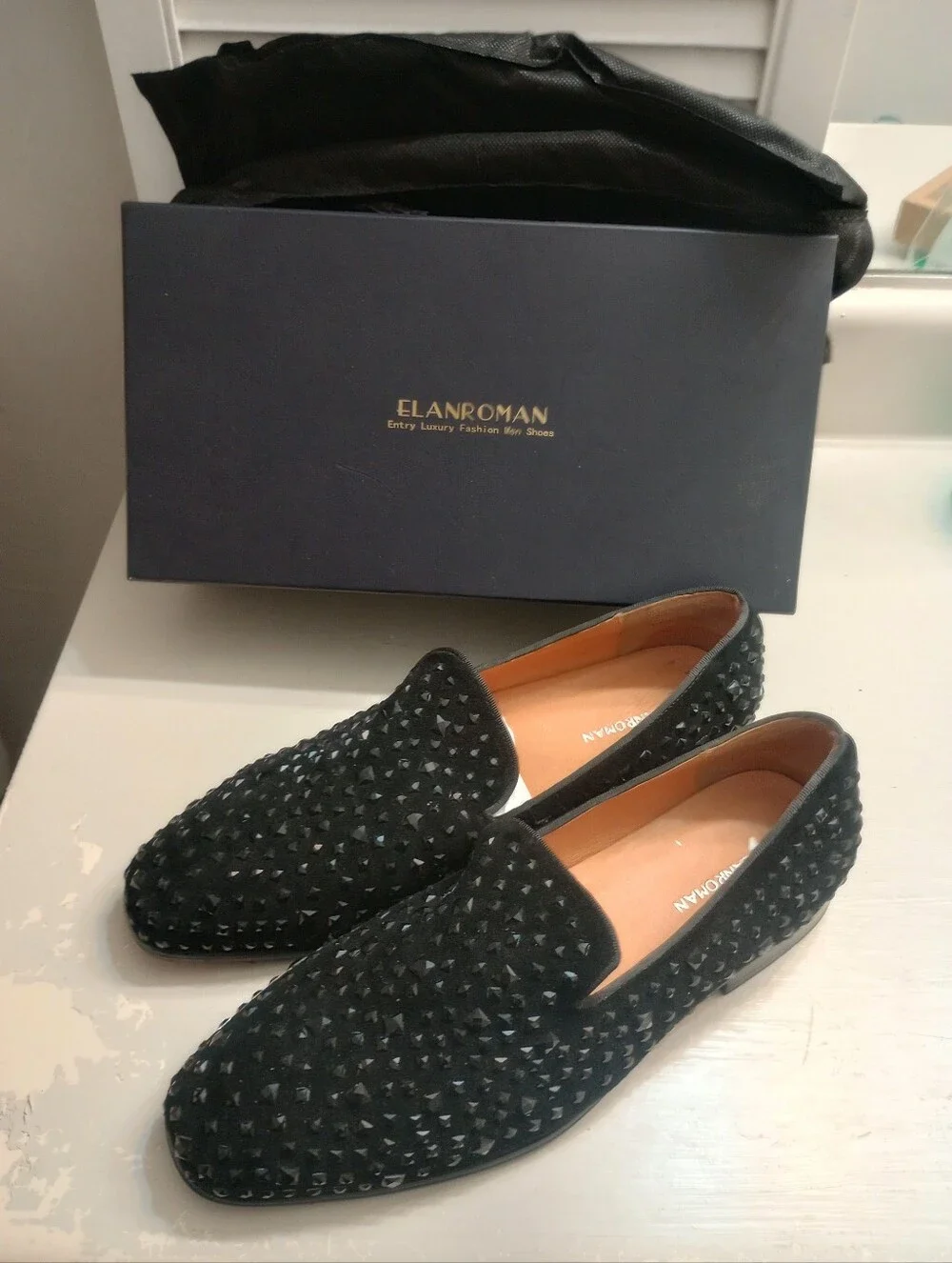 Elanroman Mens Black Studded Loafers With Box